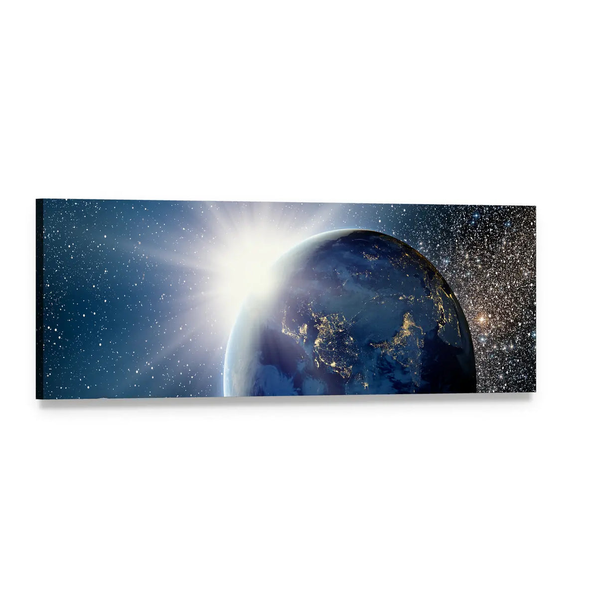 Orbital Sunrise Over Earth Panoramic Canvas Wall Art, single panel gallery wrapped canvas, angled product view