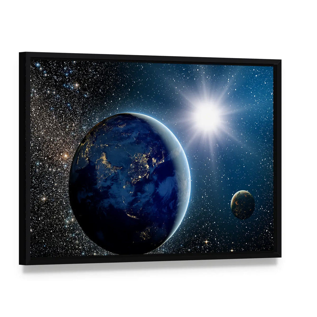 Earth & Sun from Space Canvas Wall Art, framed canvas in a black floater frame, angled product view