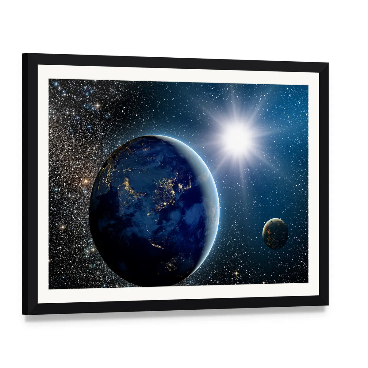Earth & Sun from Space Canvas Wall Art, framed print with white mat and black frame, angled product view