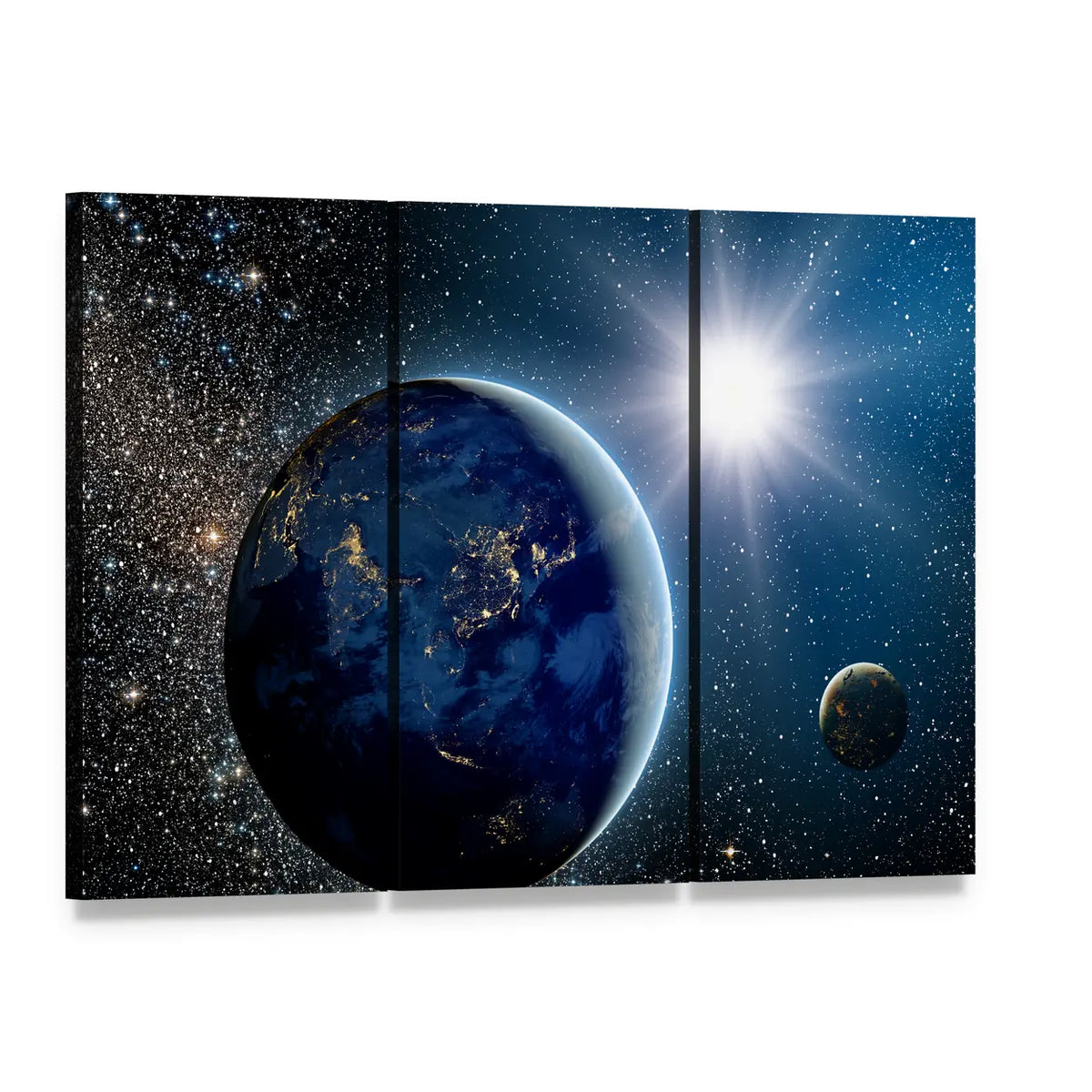 Earth & Sun from Space Canvas Wall Art, 3 panel 3 Horizontal layout gallery wrapped canvas set, angled product view