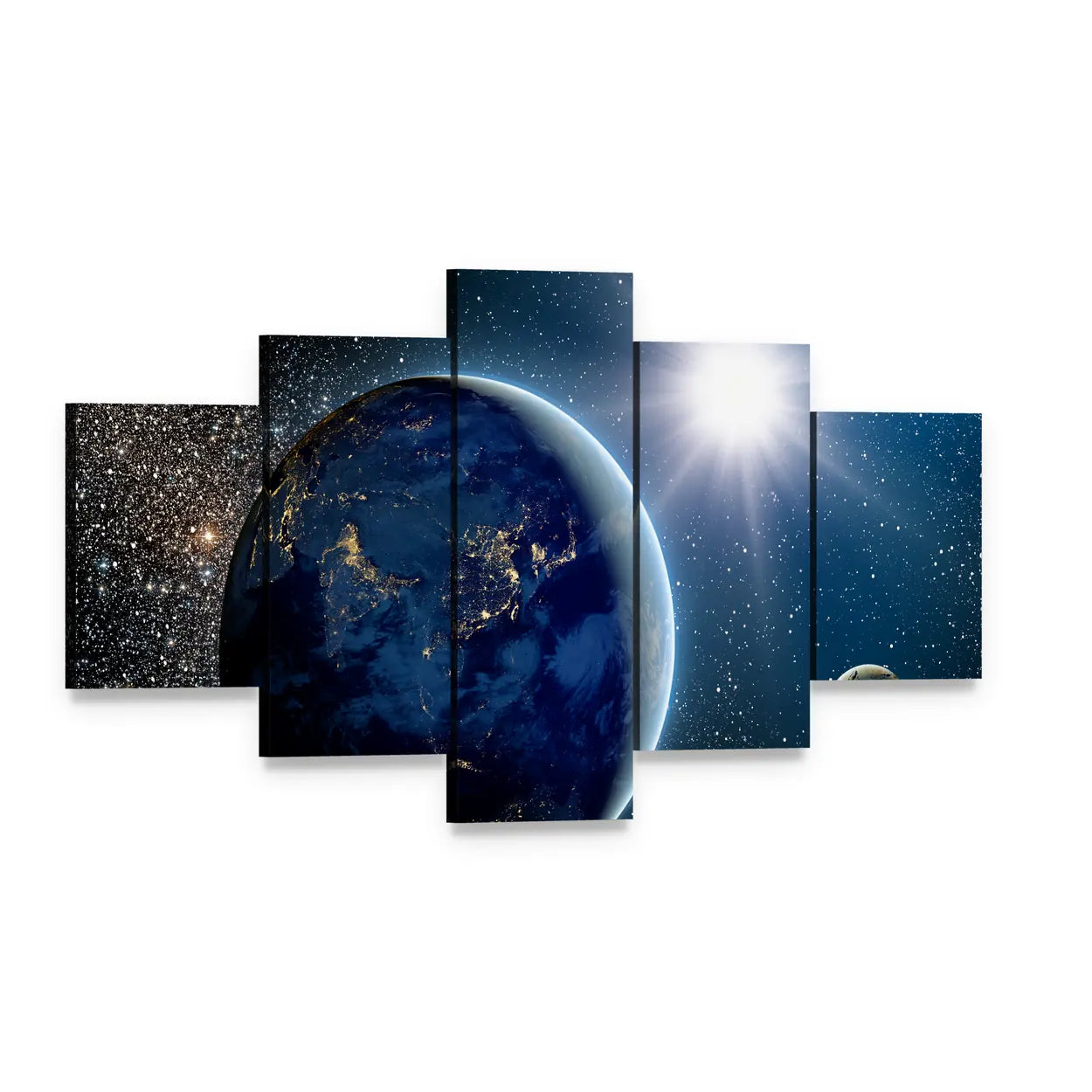 Earth & Sun from Space Canvas Wall Art, 5 panel 5 Star layout gallery wrapped canvas set, angled product view