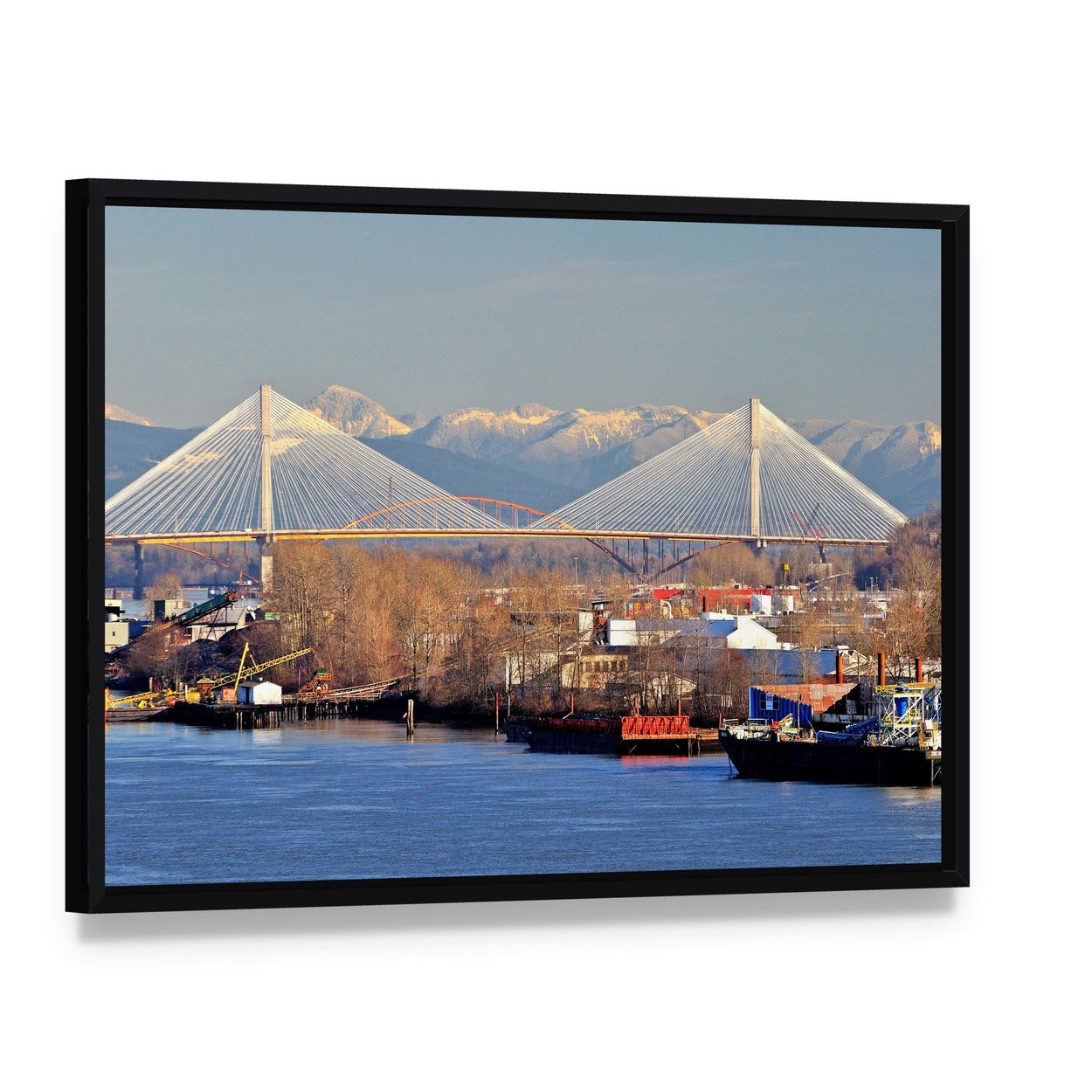 Port Mann Cable-stayed Bridge Canvas Wall Art, framed canvas in a black floater frame, angled product view