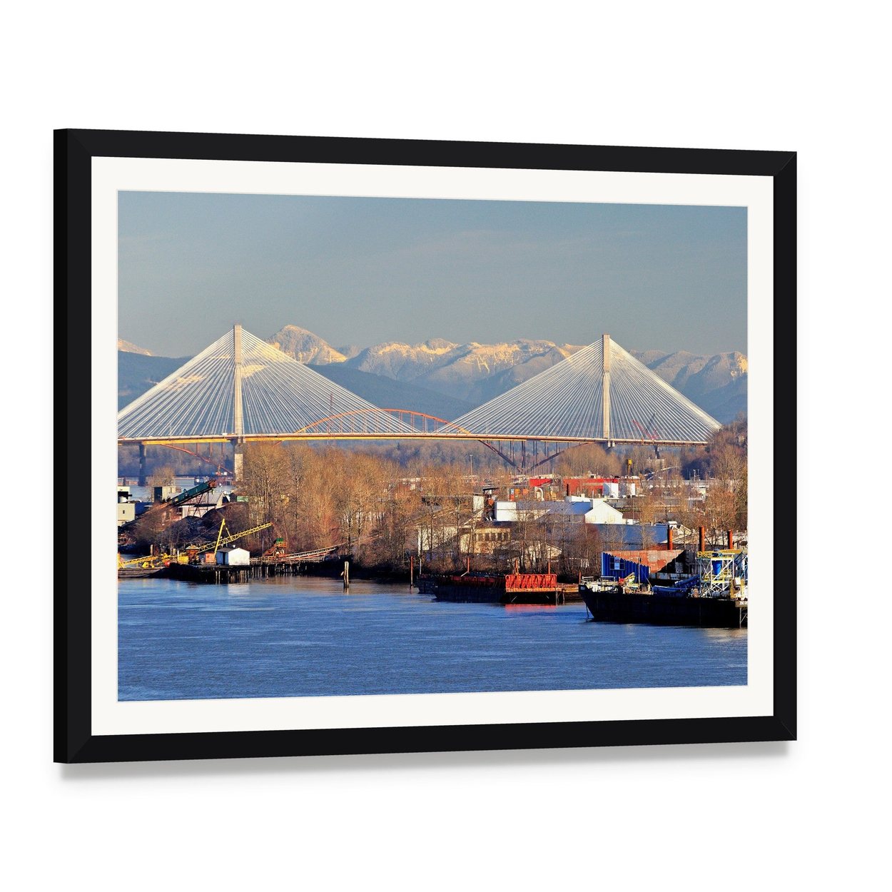 Port Mann Cable-stayed Bridge Canvas Wall Art, framed print with white mat and black frame, angled product view