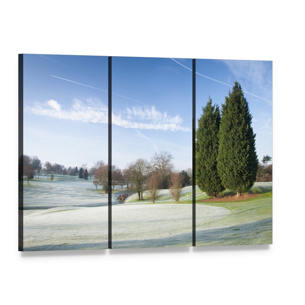 Golf Course Draped in Winter Frost Canvas Wall Art, 3 panel 3 Horizontal layout gallery wrapped canvas set, angled product view