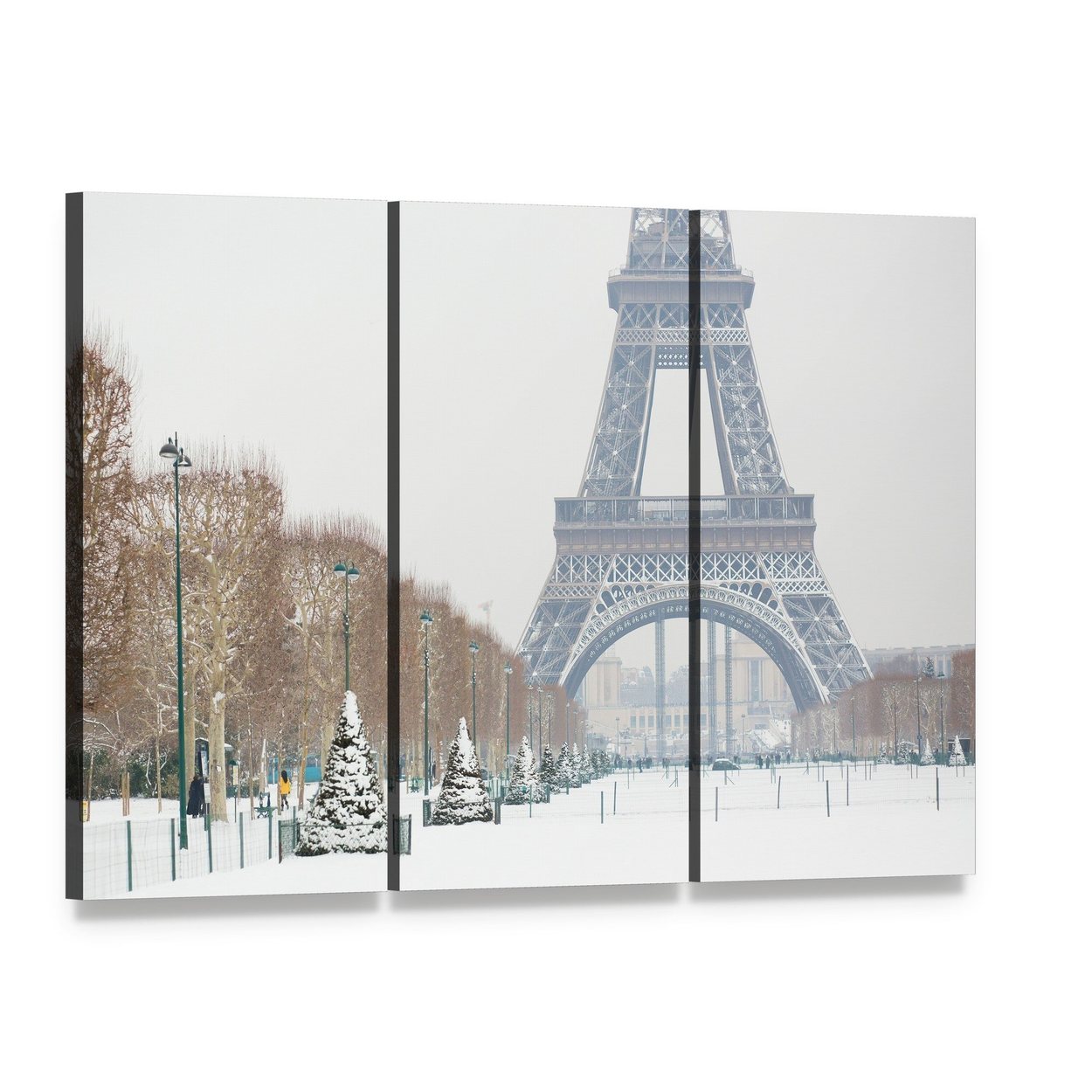 Eiffel Tower in Serene Winter Snow Canvas Wall Art, 3 panel 3 Horizontal layout gallery wrapped canvas set, angled product view