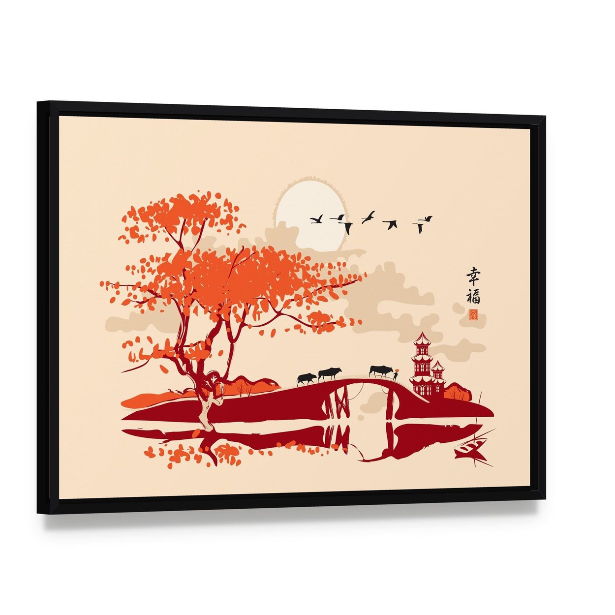 Pagoda Bridge and Birds at Sunset Canvas Wall Art, framed canvas in a black floater frame, angled product view