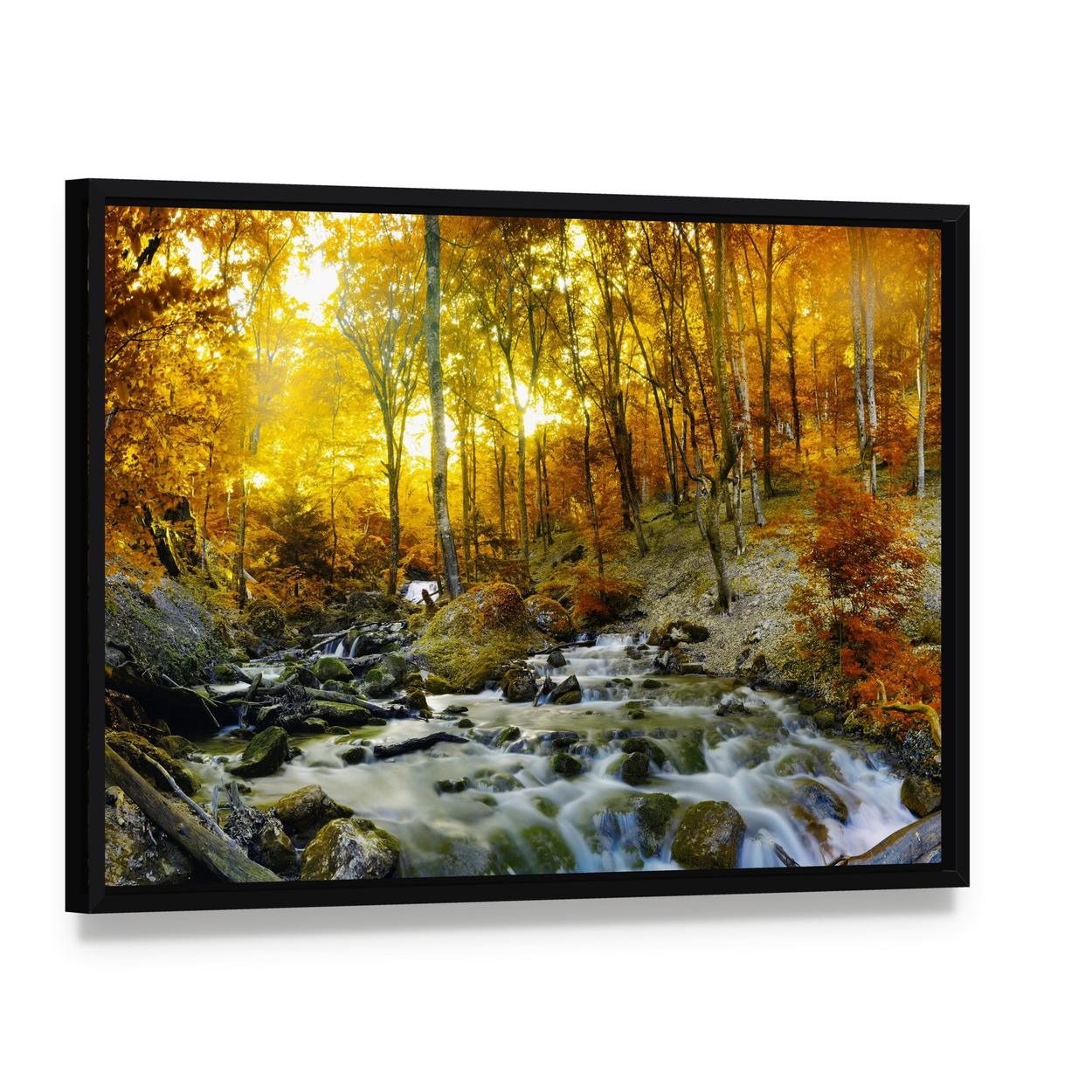 Yellow Trees Foliage and Rocks in Forest Canvas Wall Art, framed canvas in a black floater frame, angled product view