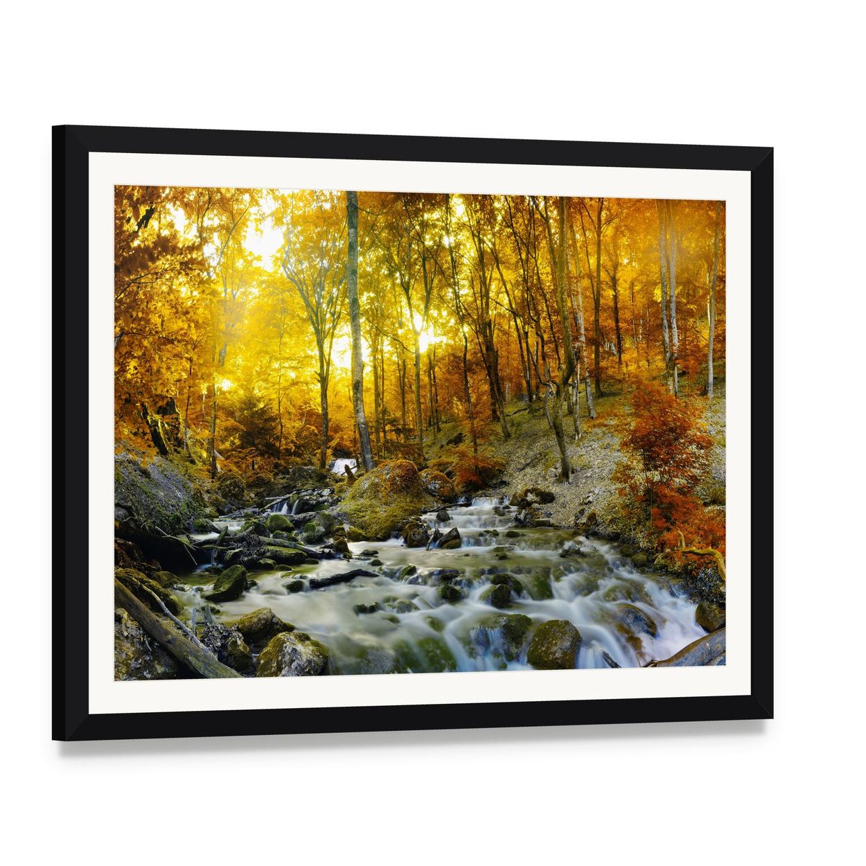 Yellow Trees Foliage and Rocks in Forest Canvas Wall Art, framed print with white mat and black frame, angled product view