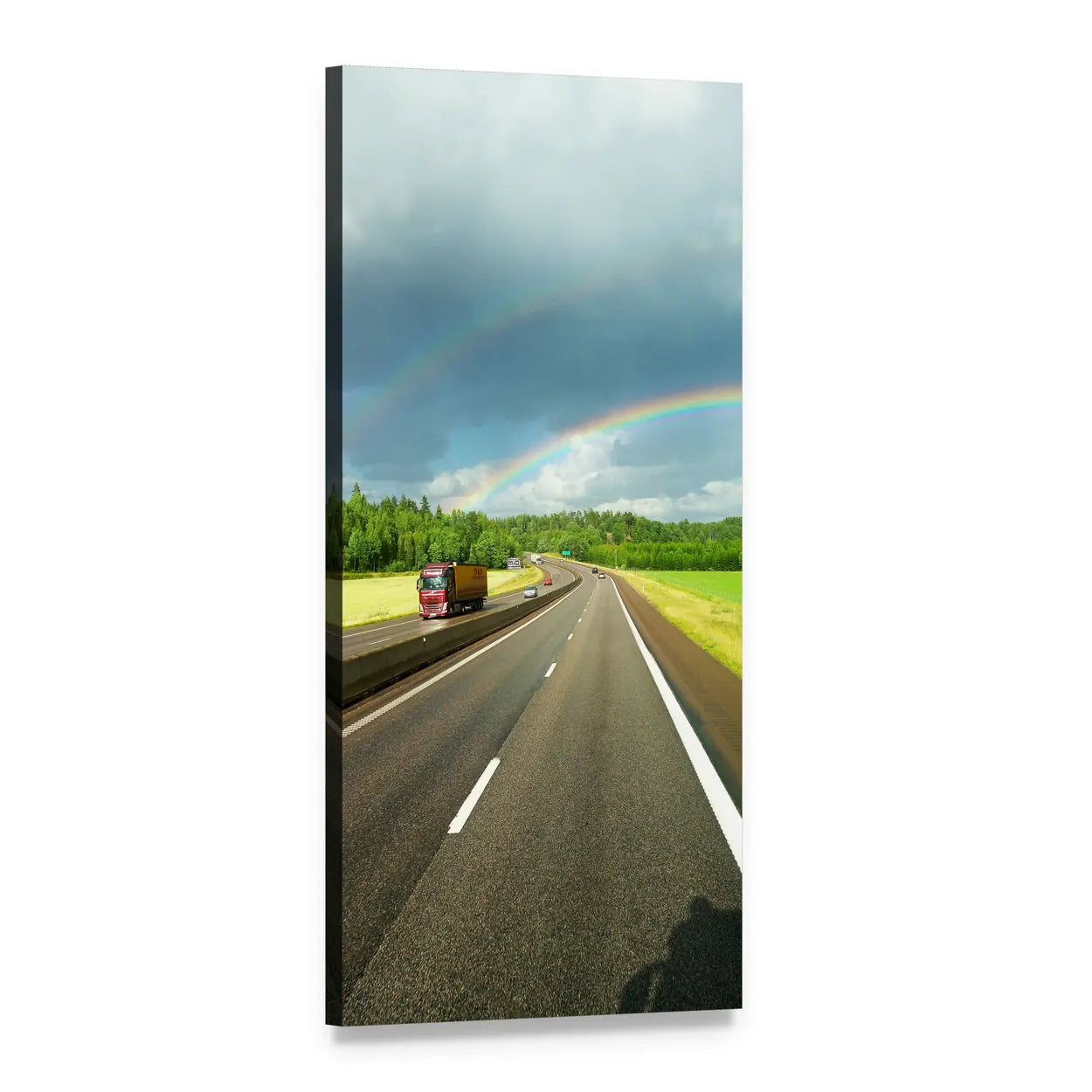 Motorway with Red Truck and Double Rainbow Vertical Canvas Wall Art, 1 panel 1 Vertical layout gallery wrapped canvas set, angled product view