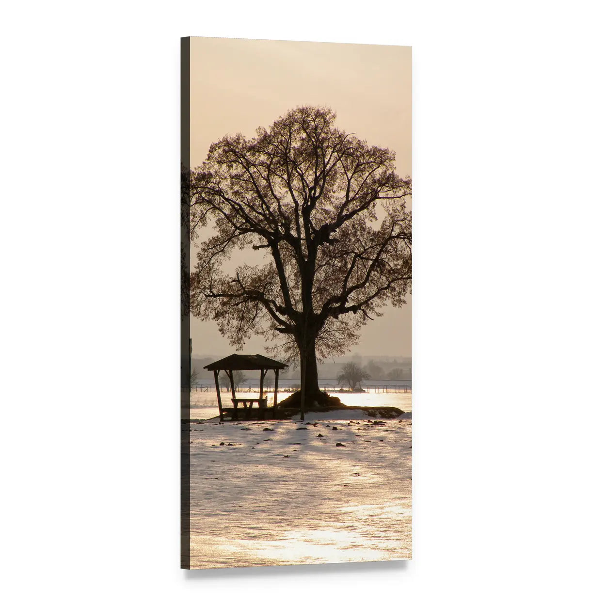 Snowy Gazebo and Bare Tree Vertical Canvas Wall Art, 1 panel 1 Vertical layout gallery wrapped canvas set, angled product view