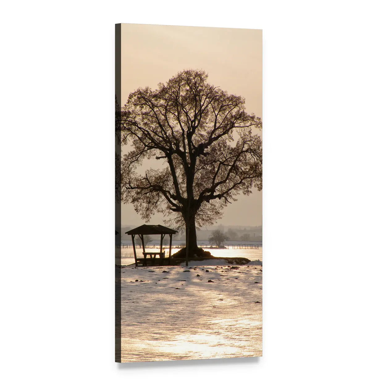 Sepia Gazebo Beside Leafless Tree on Frozen Lake Vertical Canvas Wall Art, 1 panel 1 Vertical layout gallery wrapped canvas set, angled product view