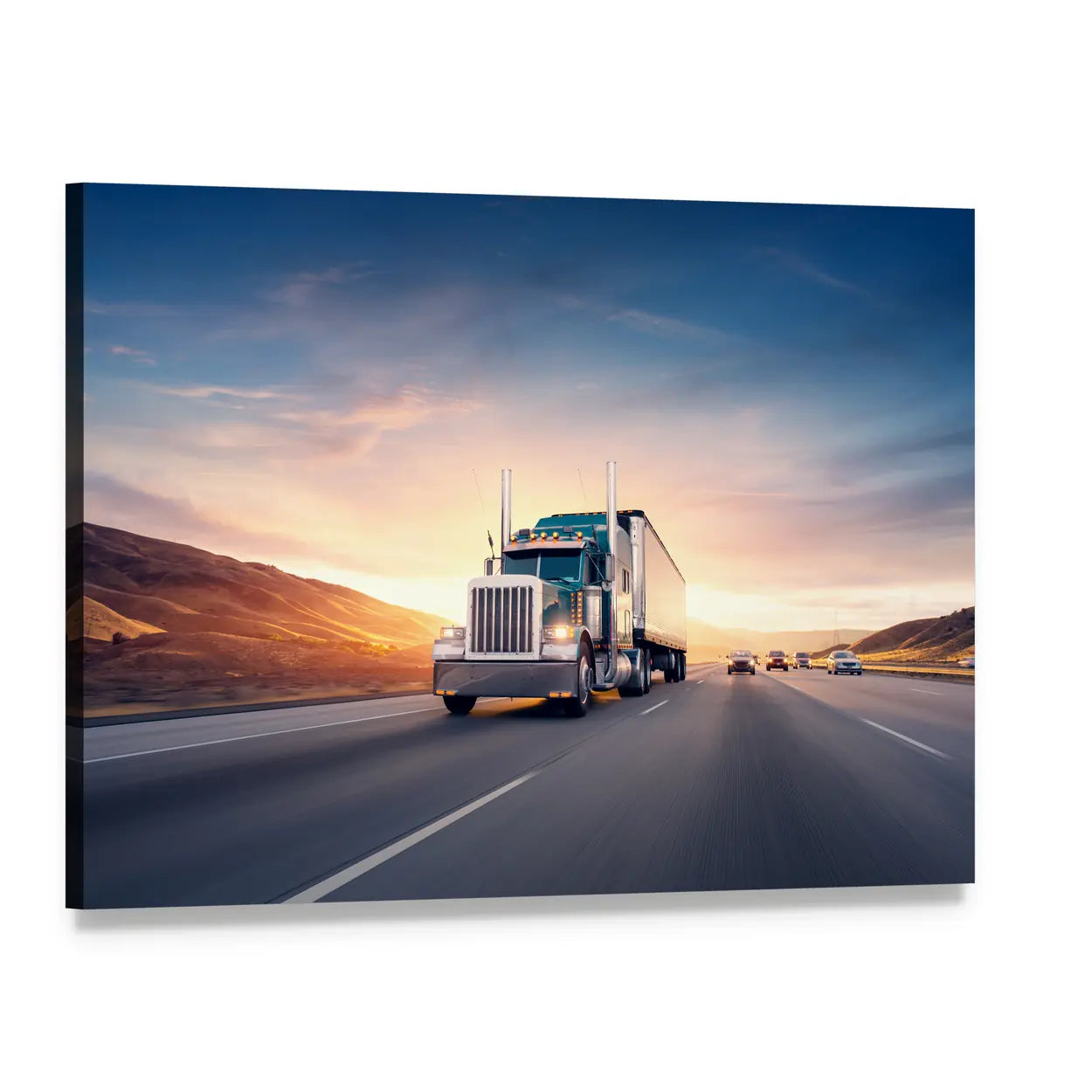 American Style Truck On Freeway Pulling Load Canvas Wall Art, single panel gallery wrapped canvas, angled product view