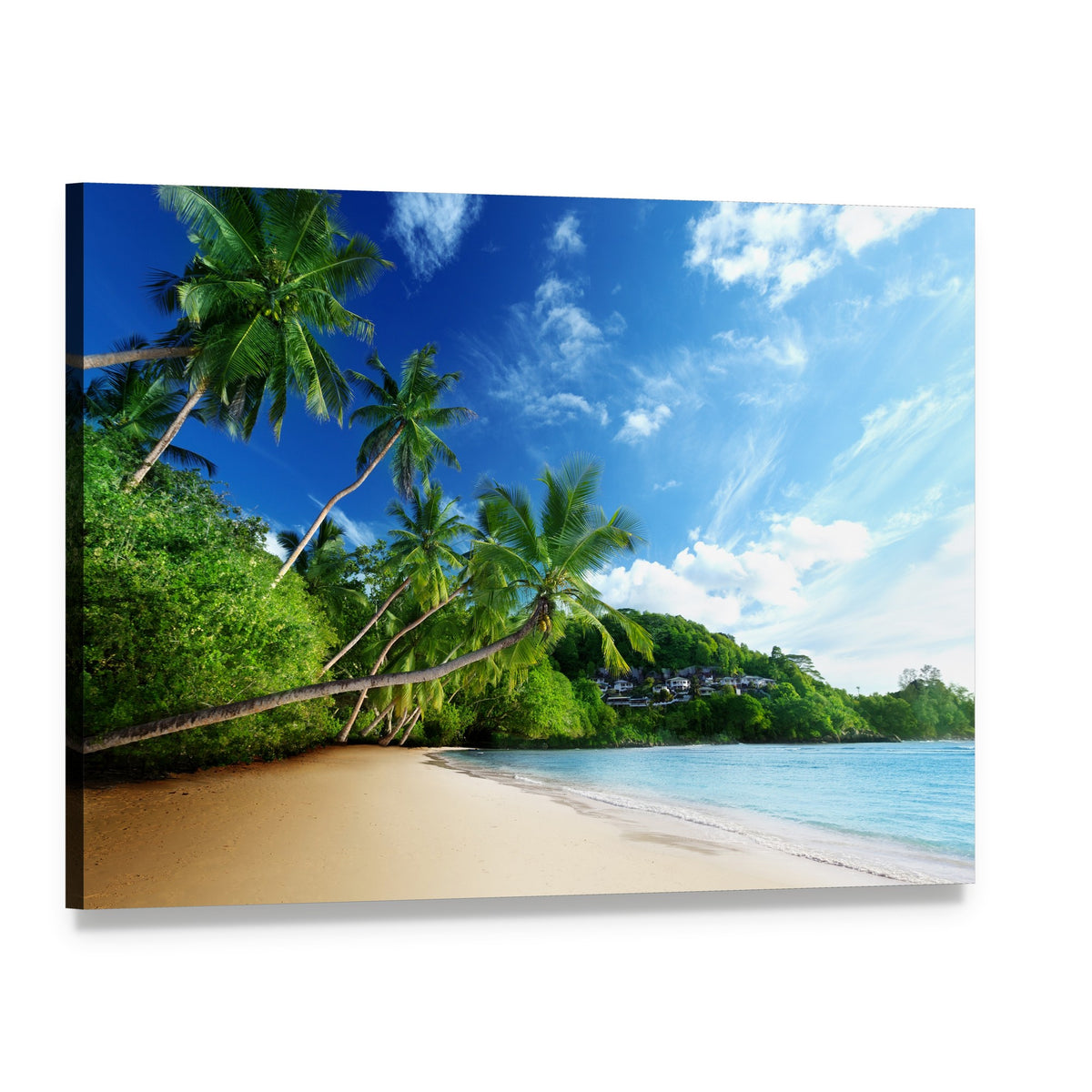 Sunset on Anse Takamaka Beach Canvas Wall Art, single panel gallery wrapped canvas, angled product view