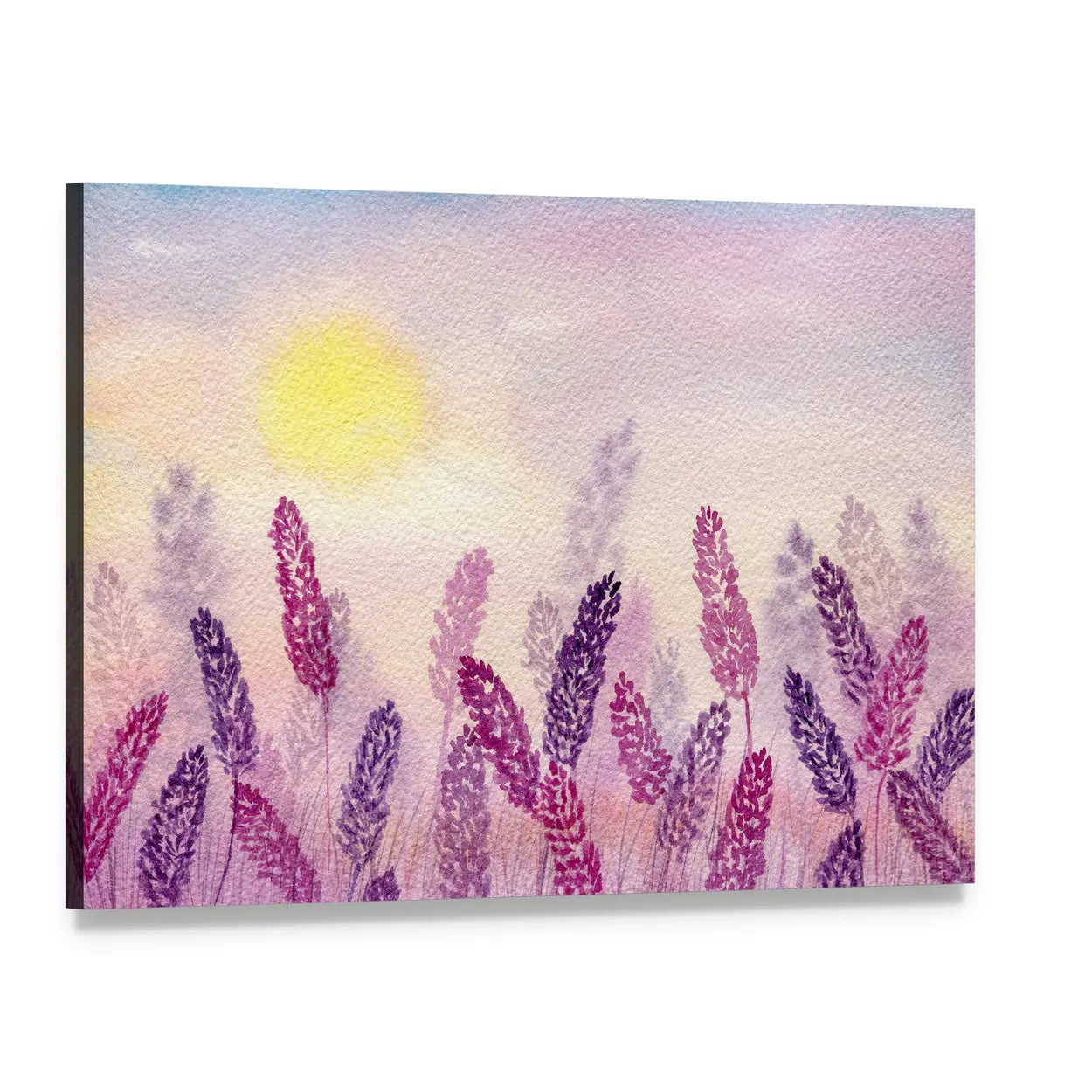 Misty Lavender Field at Sunrise Canvas Wall Art, single panel gallery wrapped canvas, angled product view