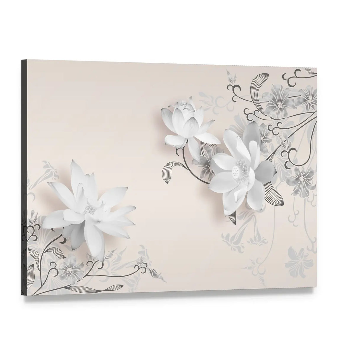 3d White Lotus Floral Mural Canvas Wall Art, single panel gallery wrapped canvas, angled product view