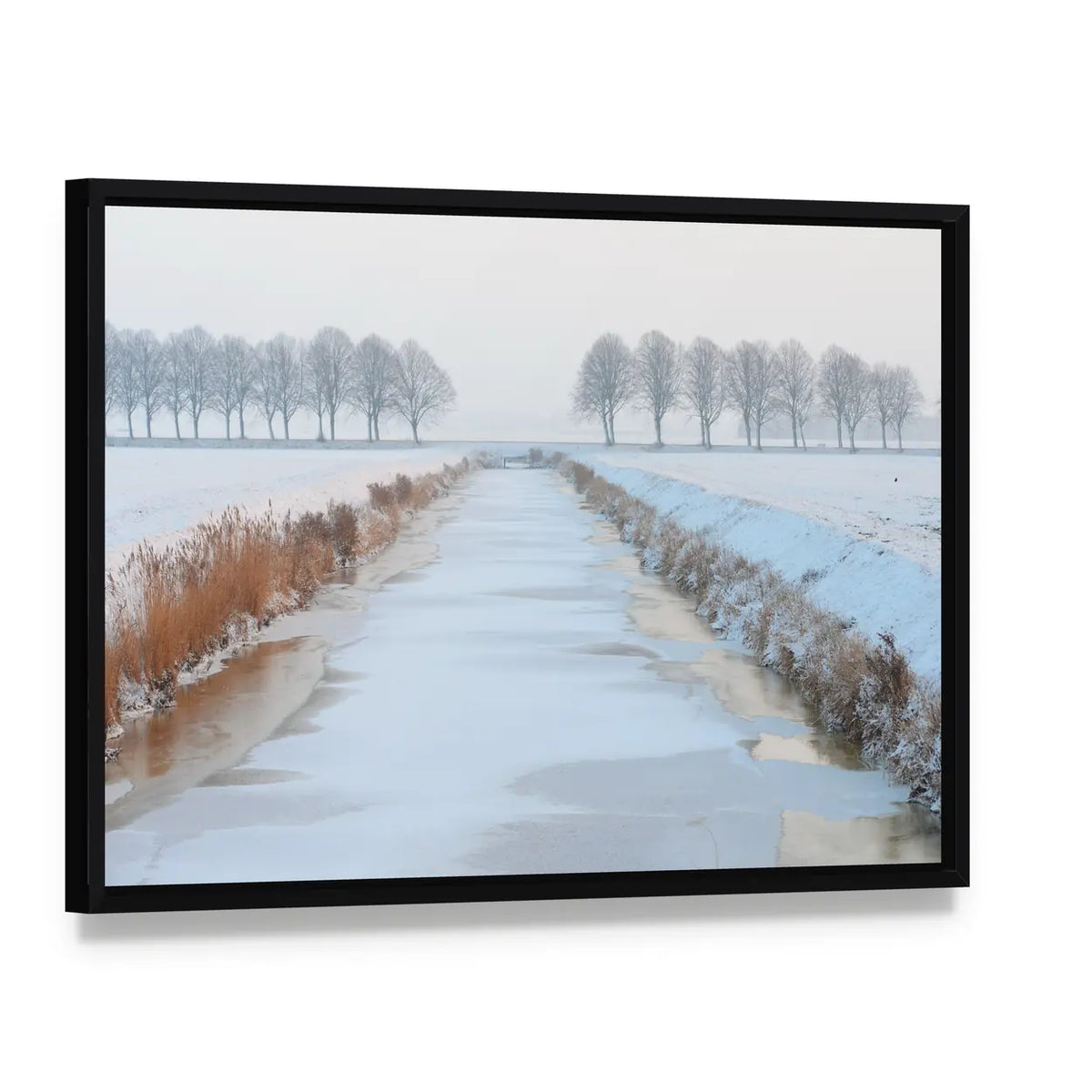 Winter Landscape in Holland Canvas Wall Art, framed canvas in a black floater frame, angled product view