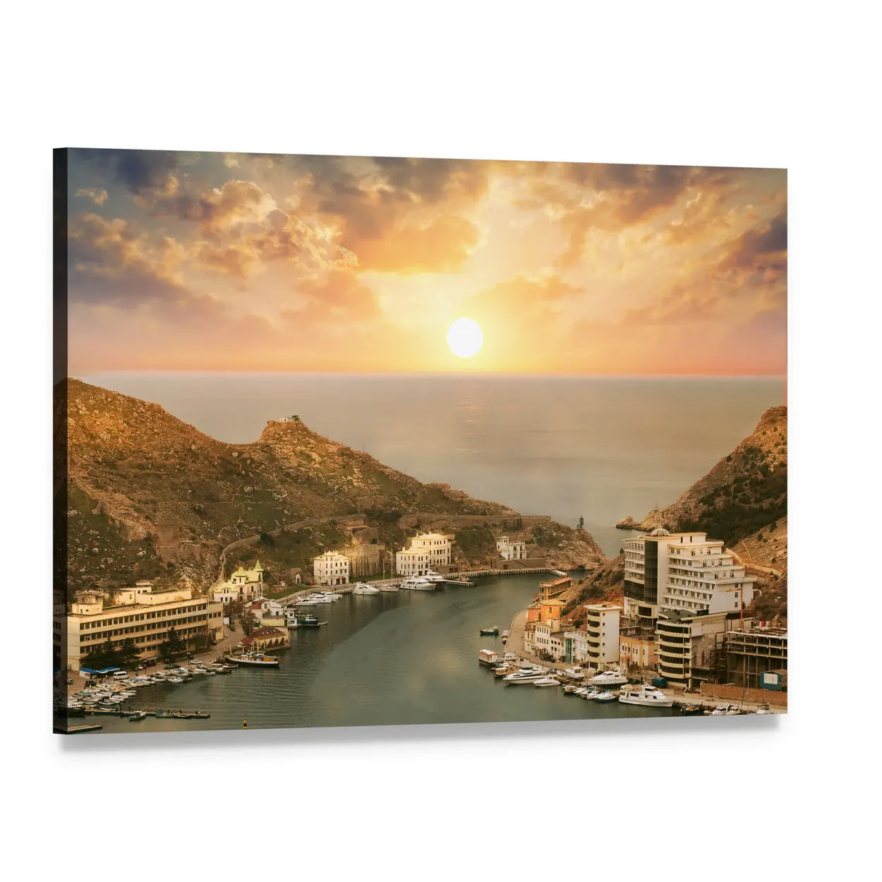 Coastal Town Harbor at Sunset Canvas Wall Art, single panel gallery wrapped canvas, angled product view