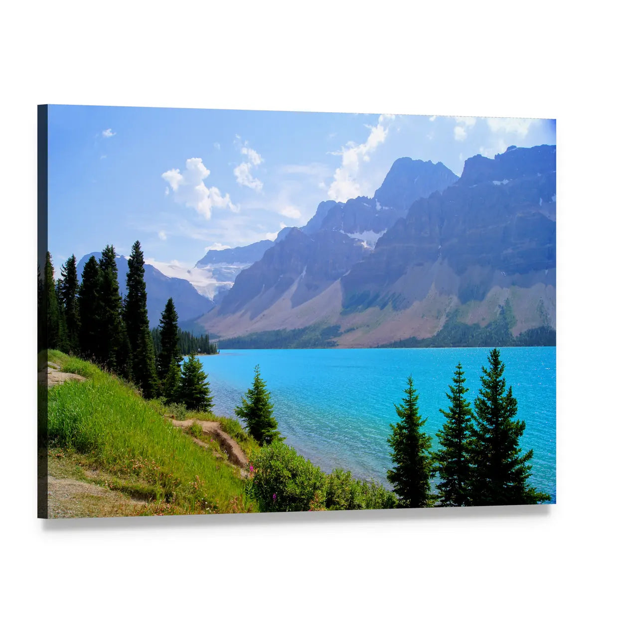 Bow Lake Turquoise Lake Landscape Canvas Wall Art, single panel gallery wrapped canvas, angled product view