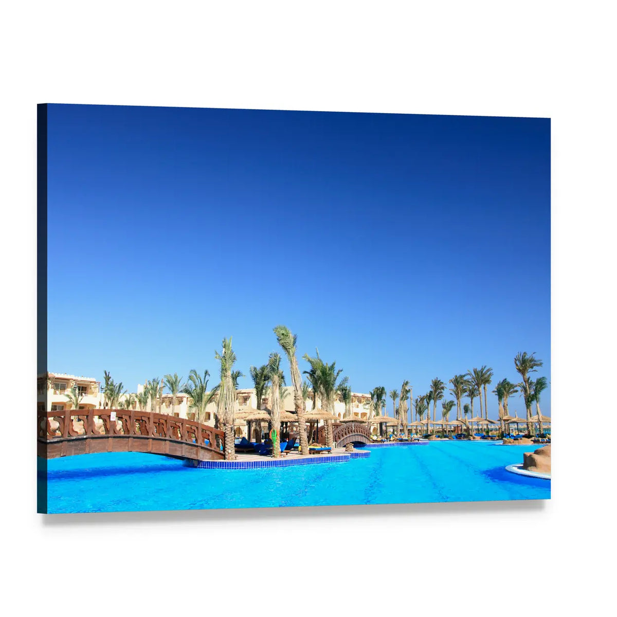 Tropical Park and Pool in Morocco Canvas Wall Art, single panel gallery wrapped canvas, angled product view