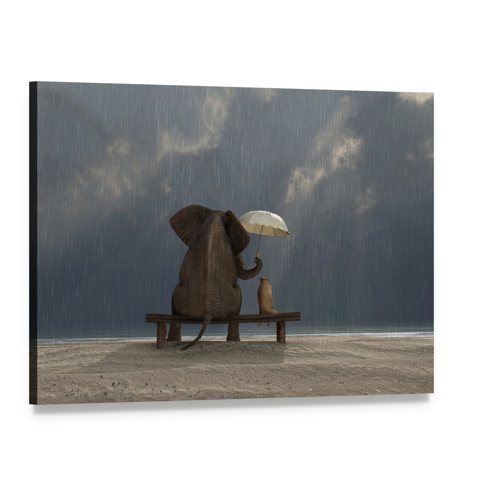 Elephant and Dog Under Rain Canvas Wall Art, single panel gallery wrapped canvas, angled product view