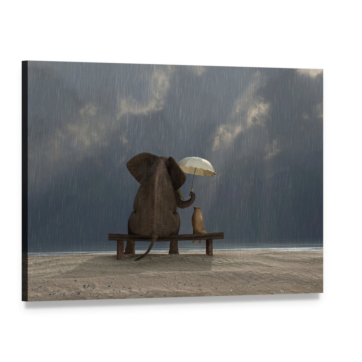 Elephant and Dog Under Rain Canvas Wall Art, single panel gallery wrapped canvas, angled product view