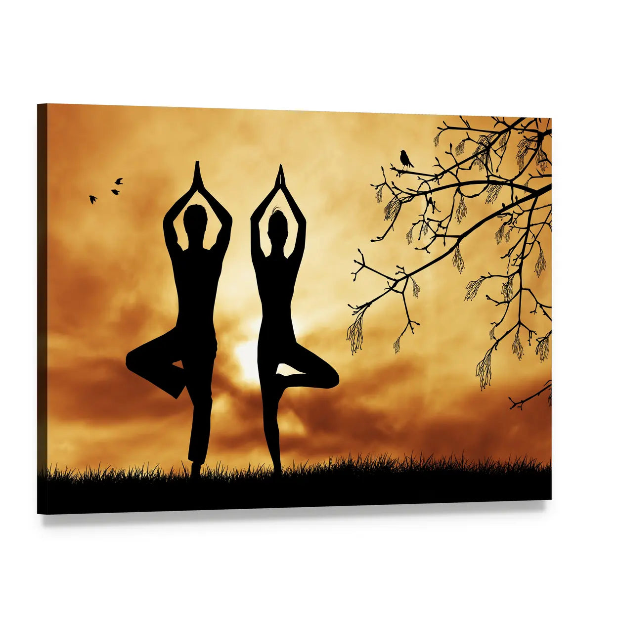 Mirrored Yoga Tree Silhouttes at Sunset Canvas Wall Art, single panel gallery wrapped canvas, angled product view