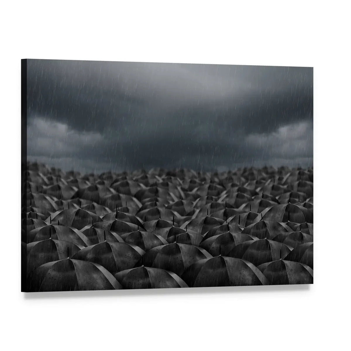 Umbrellas in the Rain Canvas Wall Art, single panel gallery wrapped canvas, angled product view