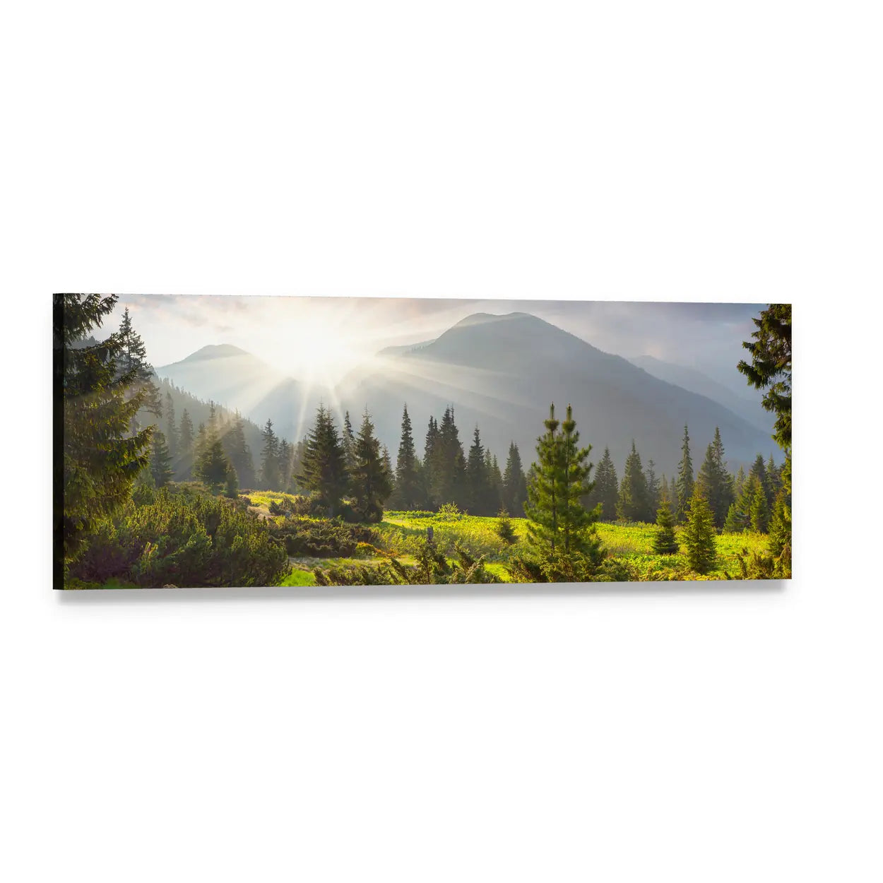 Summer Sunrise Over Mountain Meadow Panoramic Canvas Wall Art, single panel gallery wrapped canvas, angled product view
