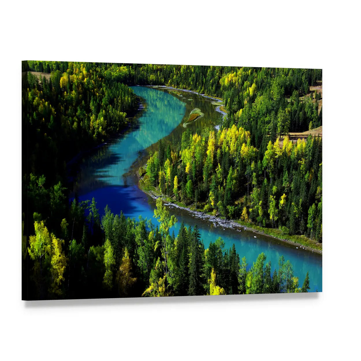 Kanak Lake Autumn River Landscape Canvas Wall Art, single panel gallery wrapped canvas, angled product view