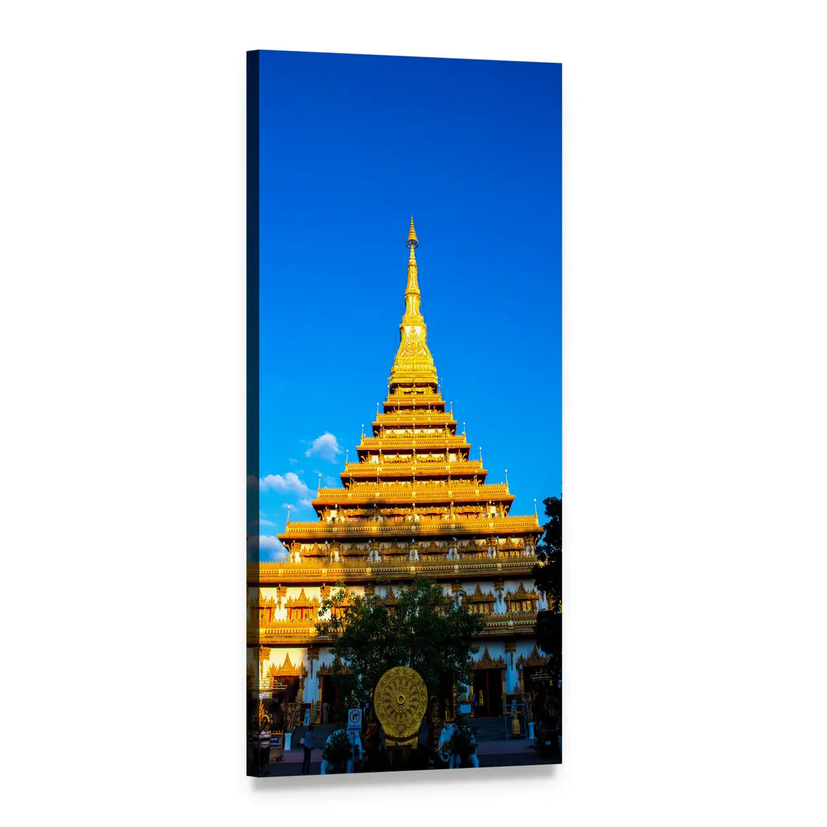 Multi-tiered Golden Pagoda and Dharma Wheel Vertical Canvas Wall Art, 1 panel 1 Vertical layout gallery wrapped canvas set, angled product view