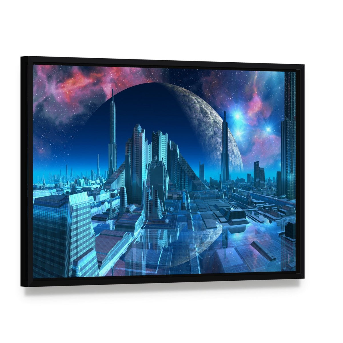Aquarius City Marina Canvas Wall Art, framed canvas in a black floater frame, angled product view