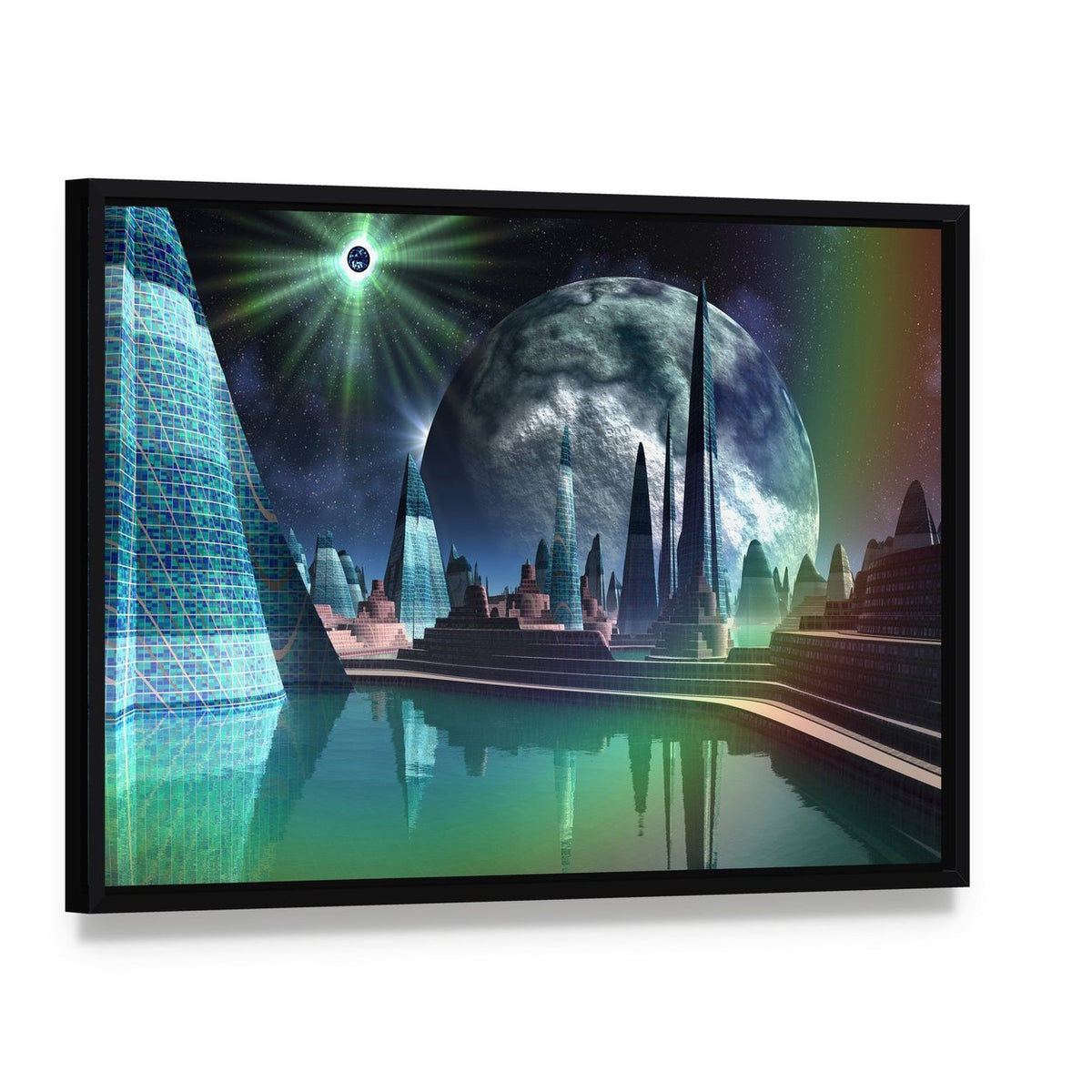 Alien City with Quasar Star Canvas Wall Art, framed canvas in a black floater frame, angled product view