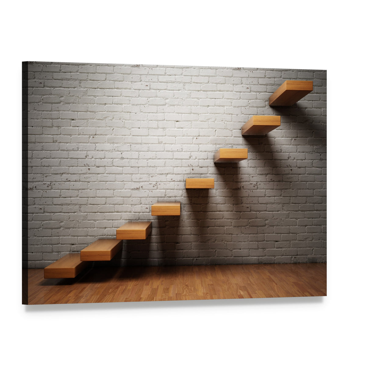 Floating Wooden Stairs on Brick Canvas Wall Art, single panel gallery wrapped canvas, angled product view