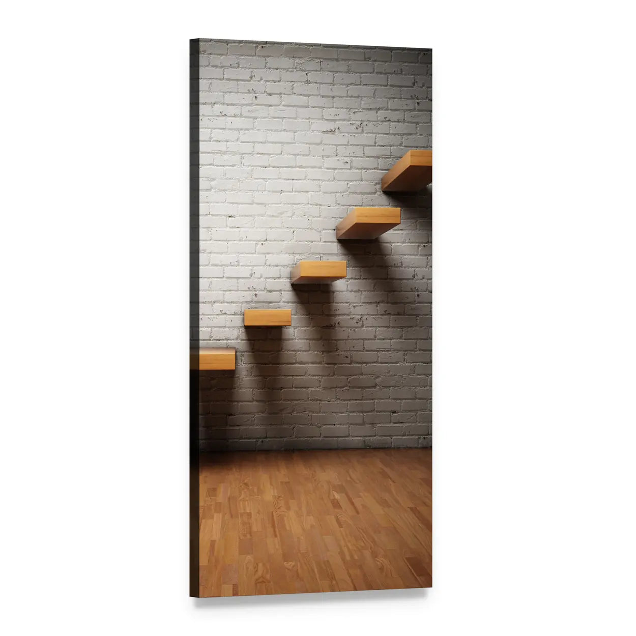 Floating Wooden Steps on White Brick Vertical Canvas Wall Art, 1 panel 1 Vertical layout gallery wrapped canvas set, angled product view