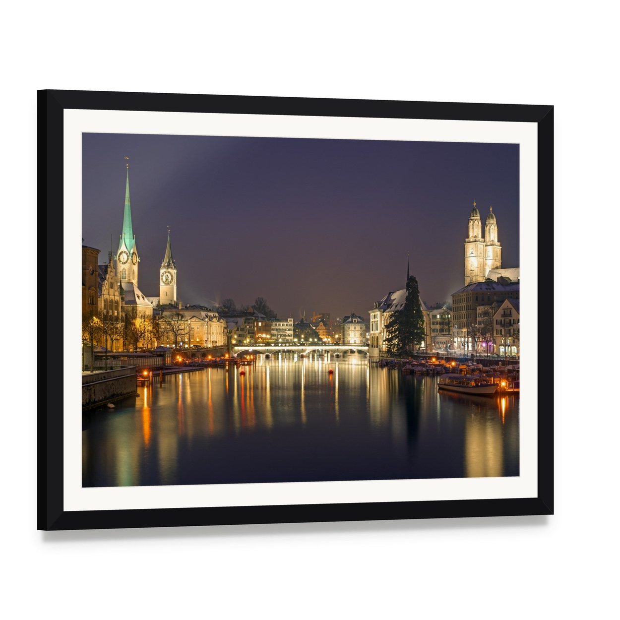 Zurich at Night Canvas Wall Art, framed print with white mat and black frame, angled product view