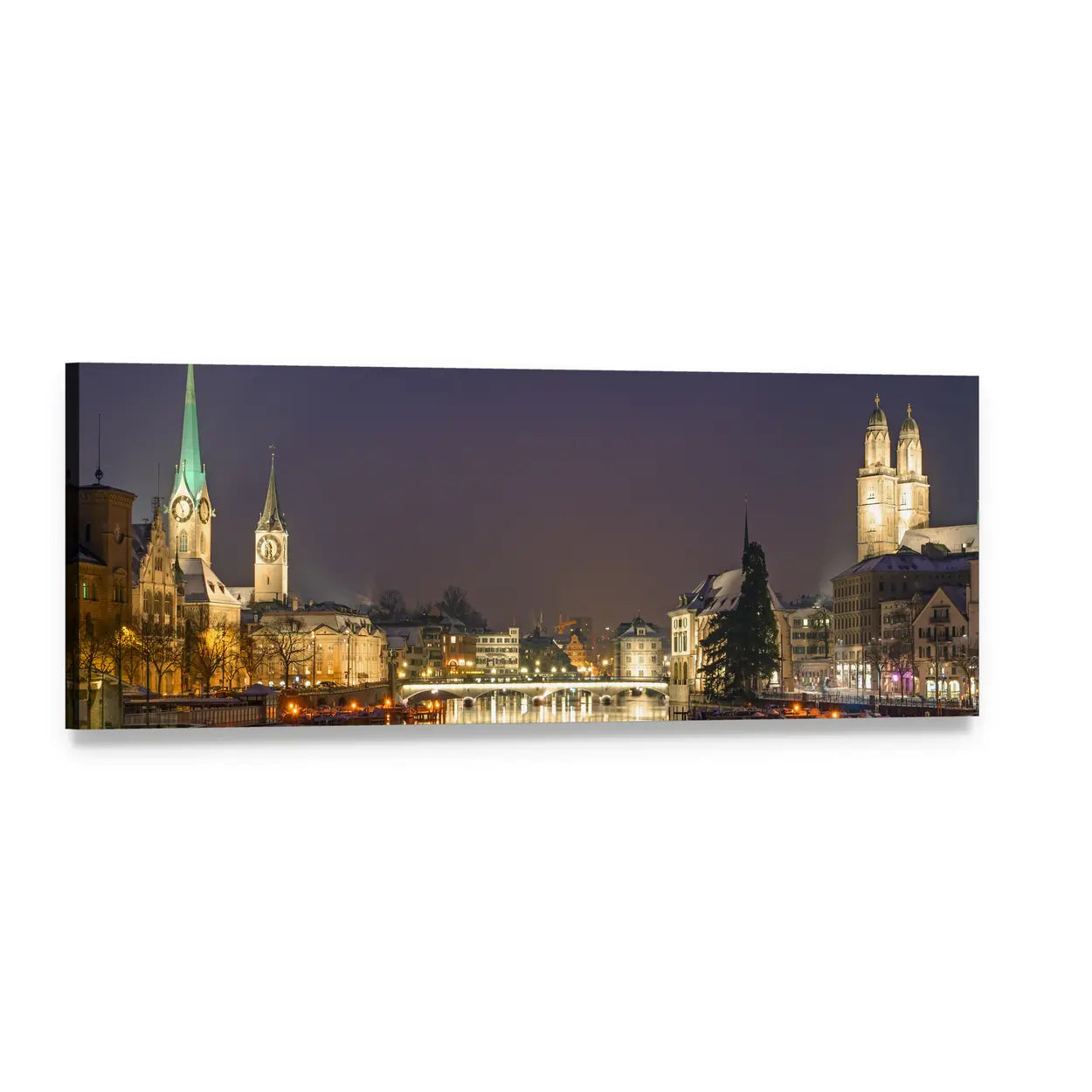 Zurich Night Skyline Along the River Panoramic Canvas Wall Art, single panel gallery wrapped canvas, angled product view