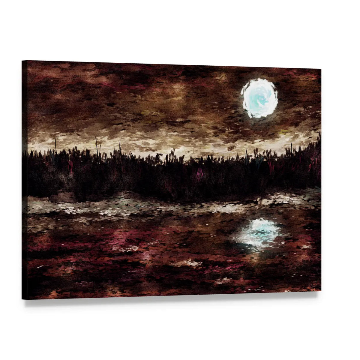 Moonlit Lake Canvas Wall Art, single panel gallery wrapped canvas, angled product view