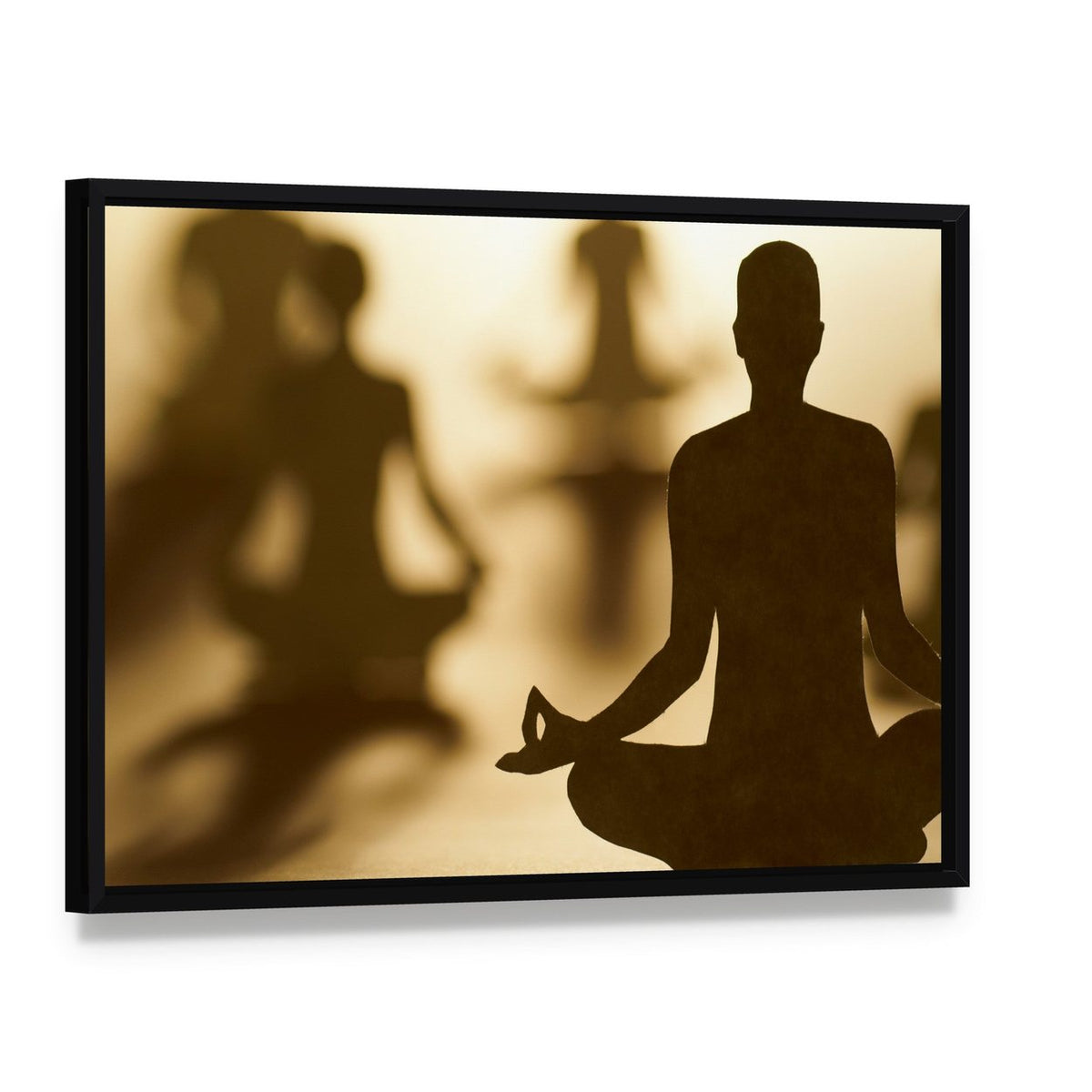 Group of People Doing Yoga Canvas Wall Art, framed canvas in a black floater frame, angled product view
