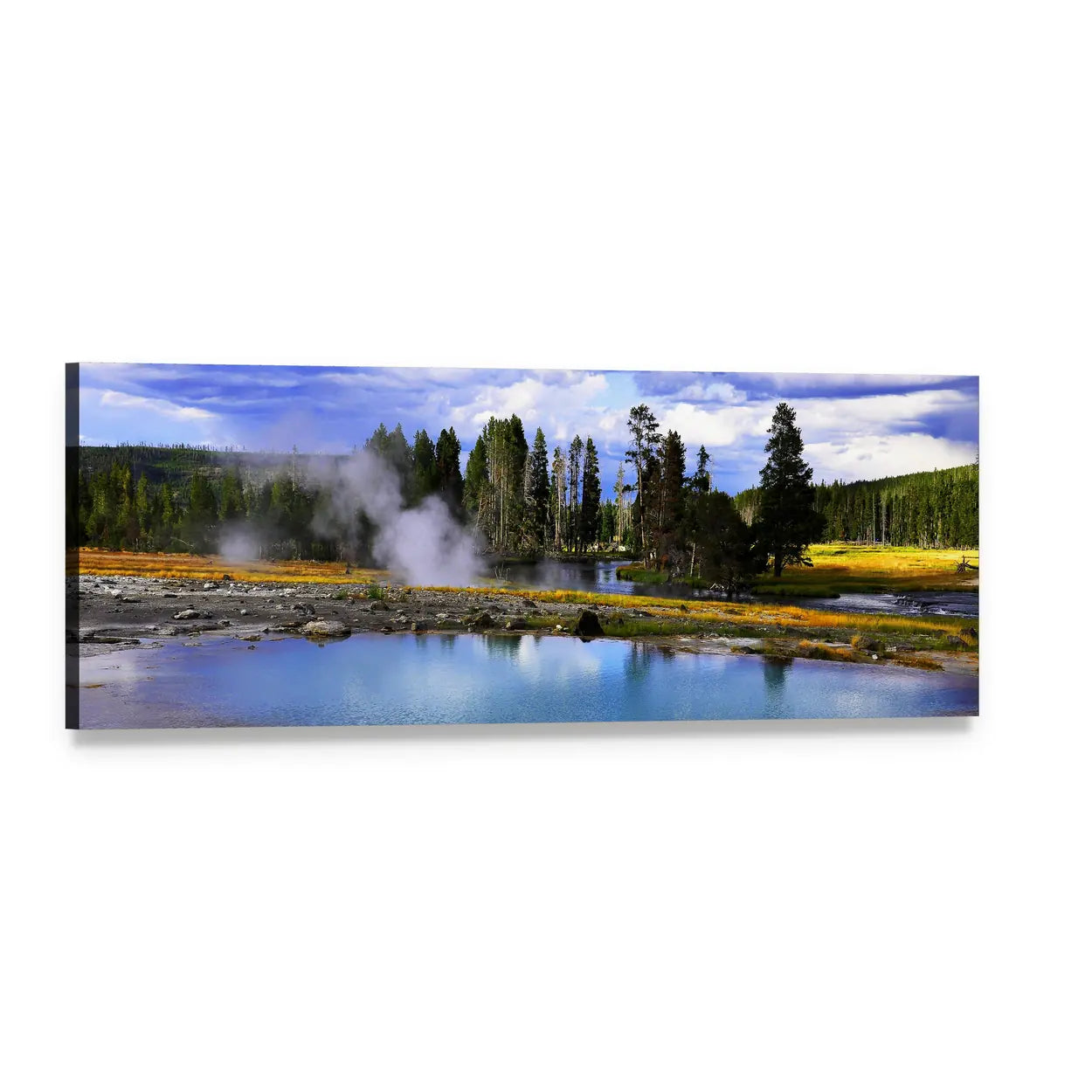 Silent Geyser in Yellowstone National Park Panoramic Canvas Wall Art, single panel gallery wrapped canvas, angled product view