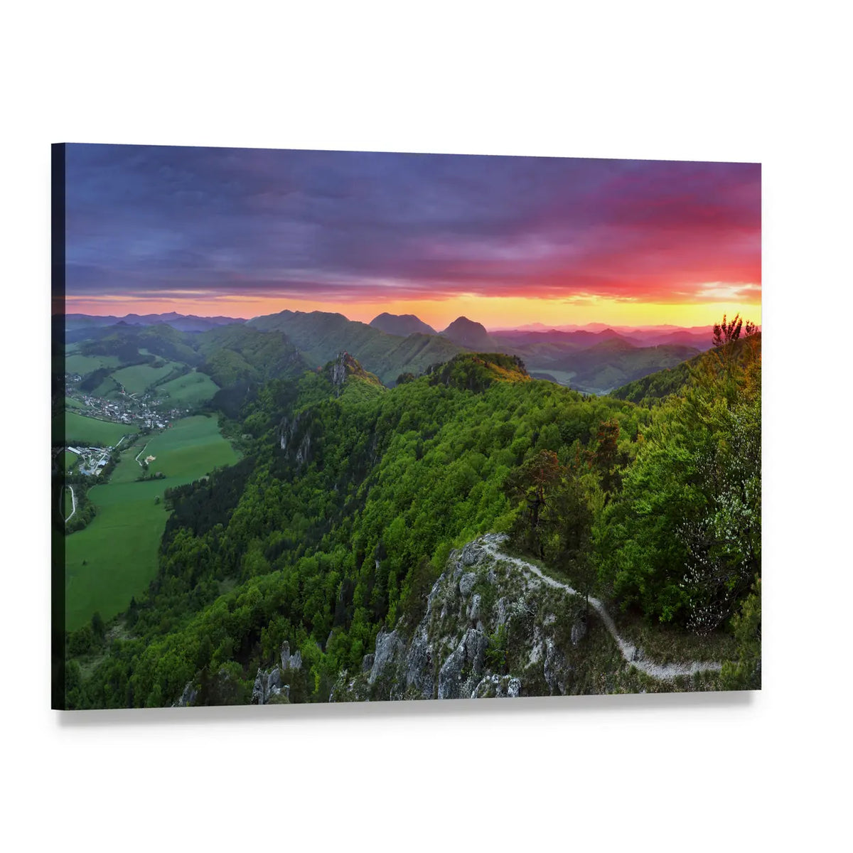 Green Mountain Forest at Sunset Canvas Wall Art, single panel gallery wrapped canvas, angled product view