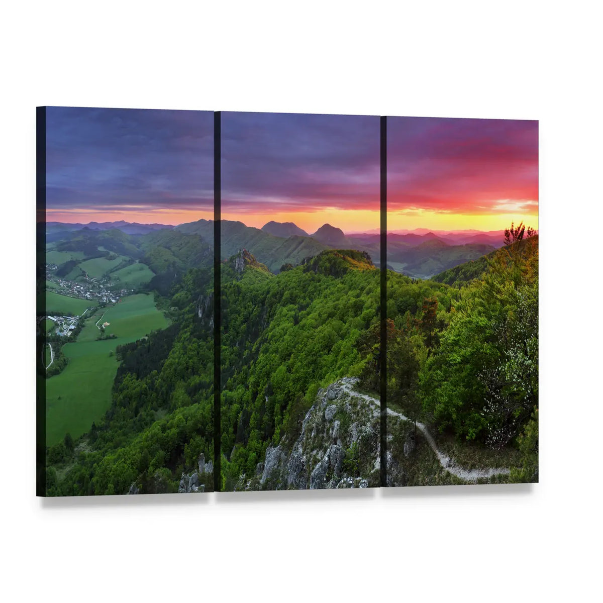 Green Mountain Forest at Sunset Canvas Wall Art, 3 panel 3 Horizontal layout gallery wrapped canvas set, angled product view