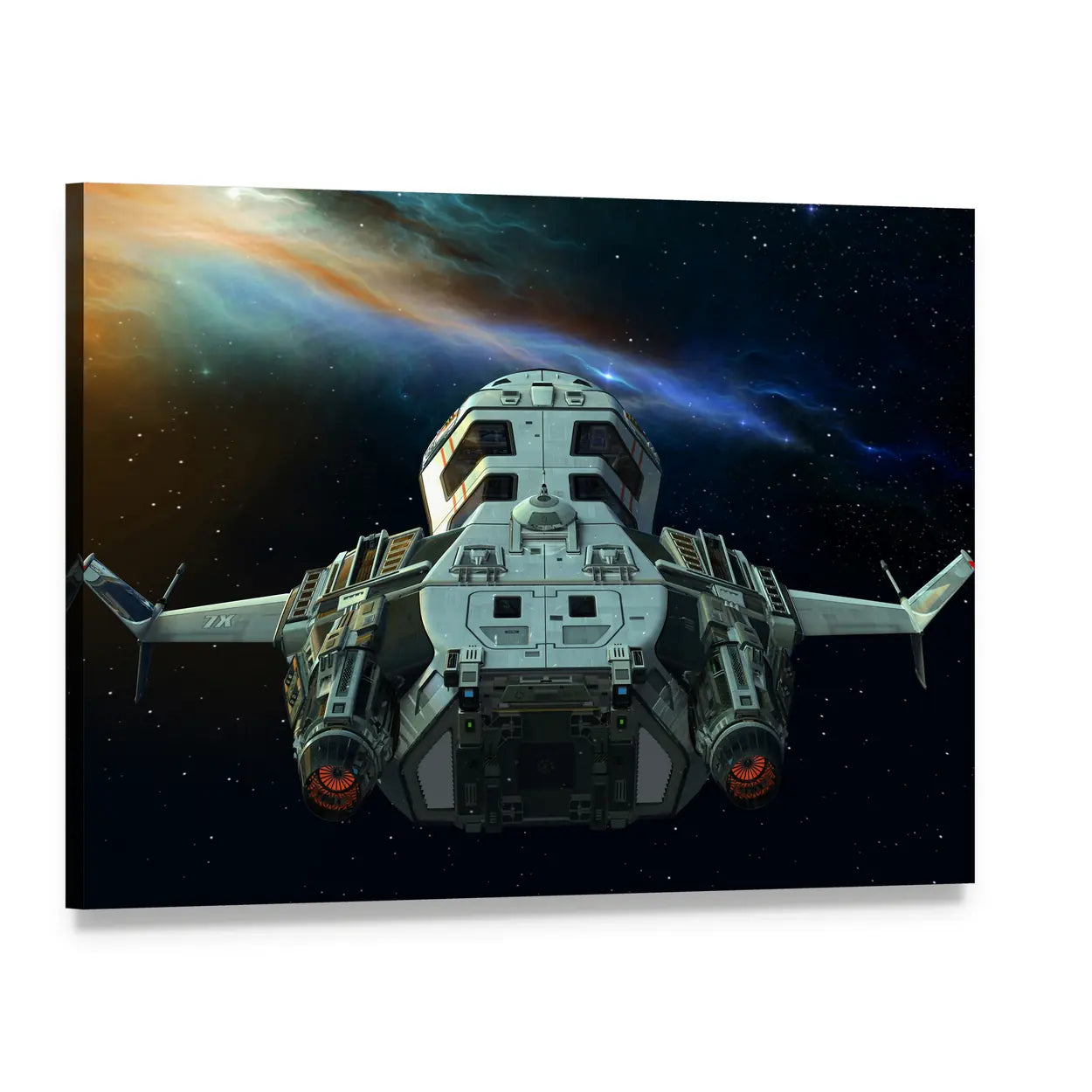 Futuristic Spaceship in Deep Space Canvas Wall Art, single panel gallery wrapped canvas, angled product view