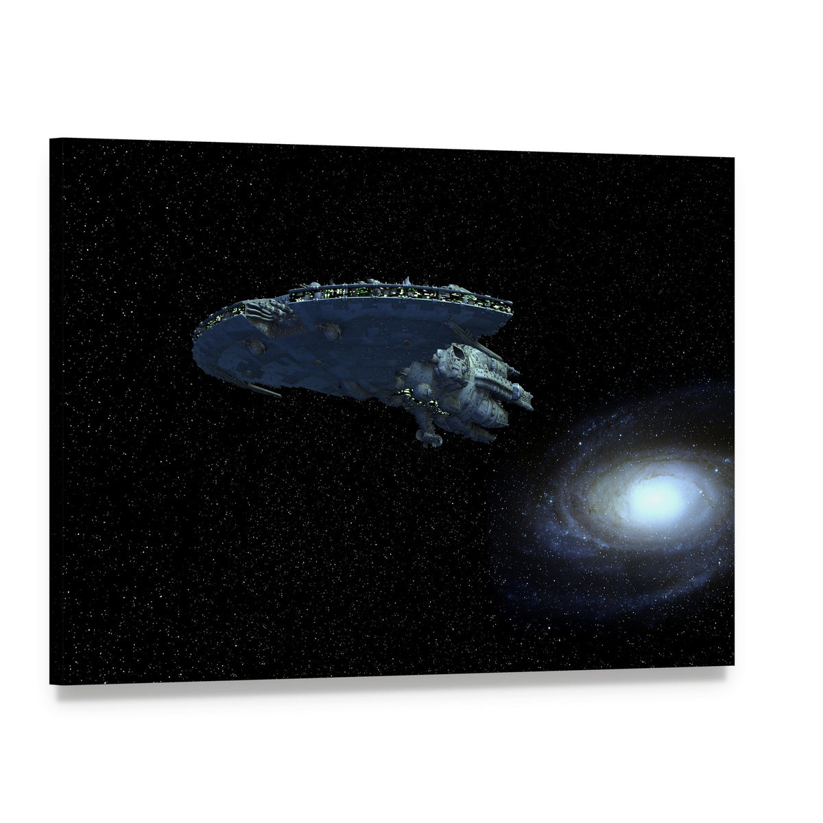 Spaceship Moving Away from Galaxy Canvas Wall Art, single panel gallery wrapped canvas, angled product view