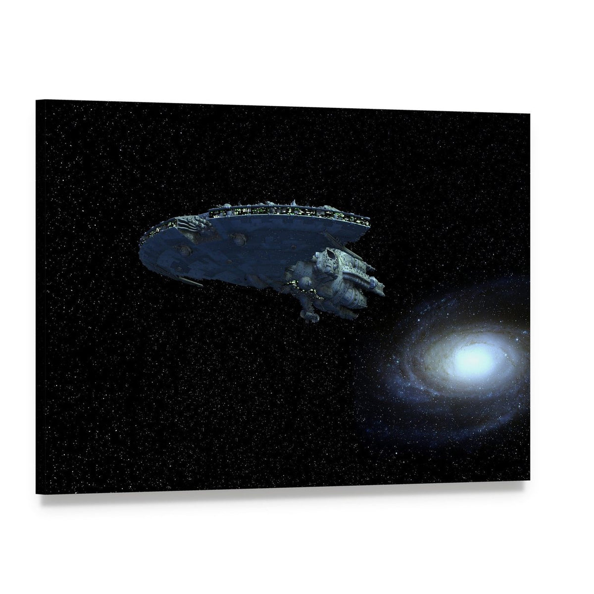 Spaceship Moving Away from Galaxy Canvas Wall Art, single panel gallery wrapped canvas, angled product view