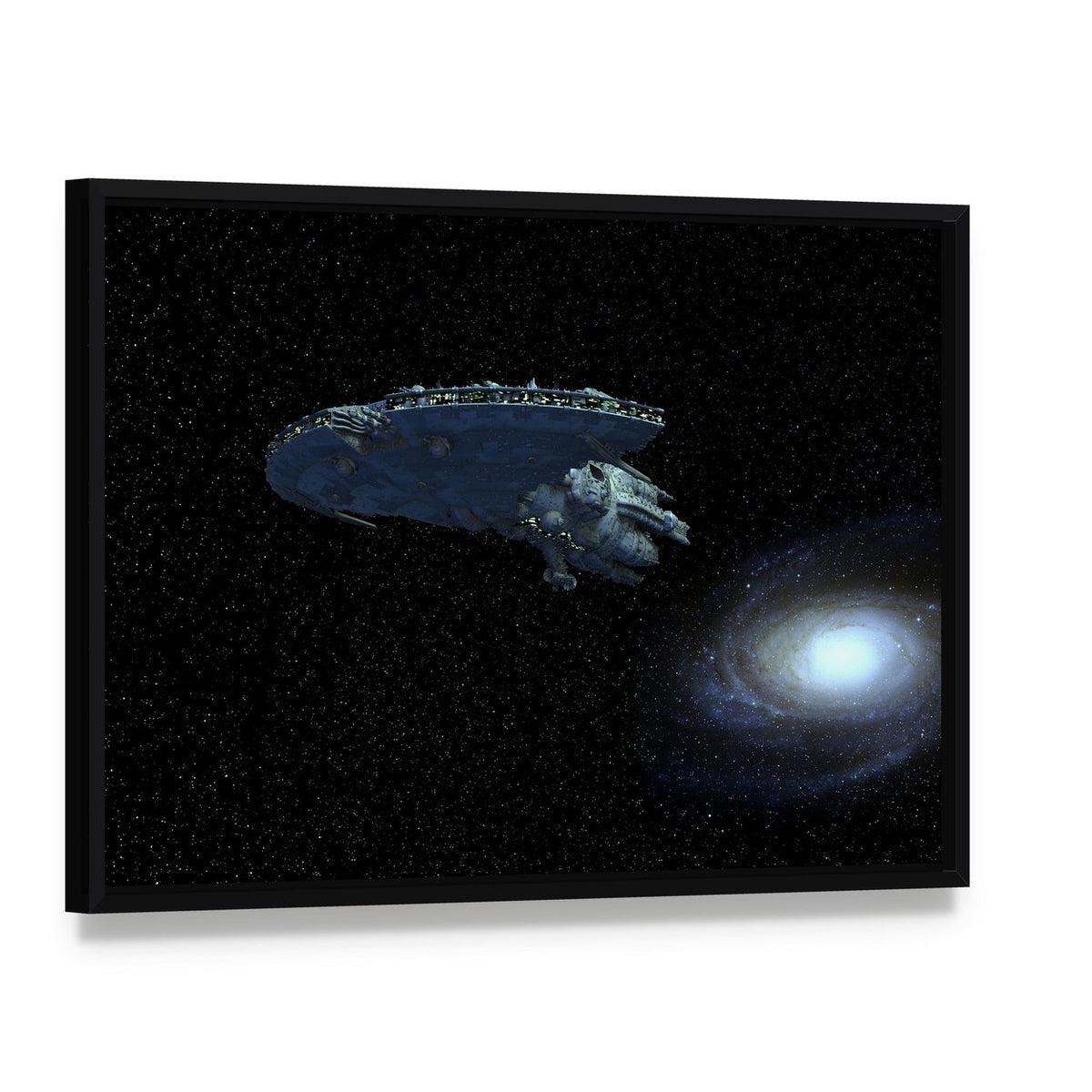 Spaceship Moving Away from Galaxy Canvas Wall Art, framed canvas in a black floater frame, angled product view