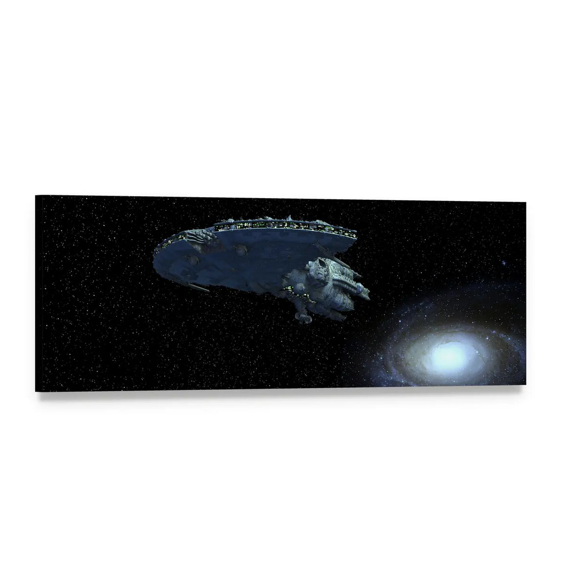 Spaceship Near Spiral Galaxy Panoramic Canvas Wall Art, single panel gallery wrapped canvas, angled product view