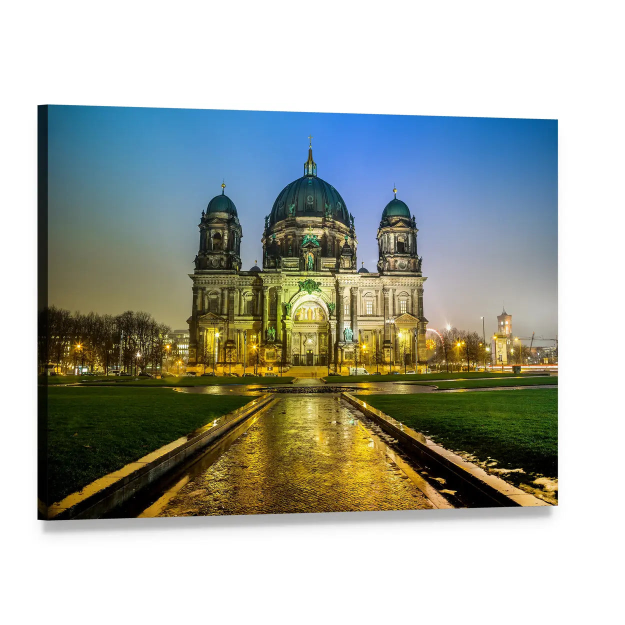 Berlin Cathedral at Night Canvas Wall Art, single panel gallery wrapped canvas, angled product view