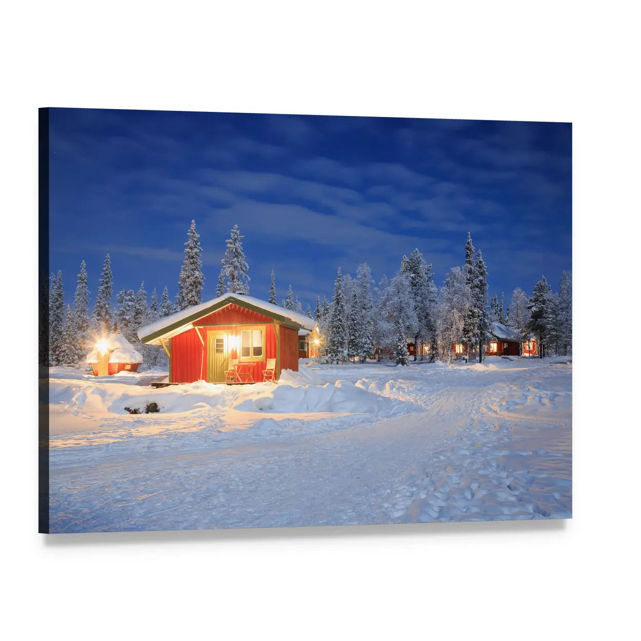 Cozy Winter Cabin at Night Canvas Wall Art, single panel gallery wrapped canvas, angled product view