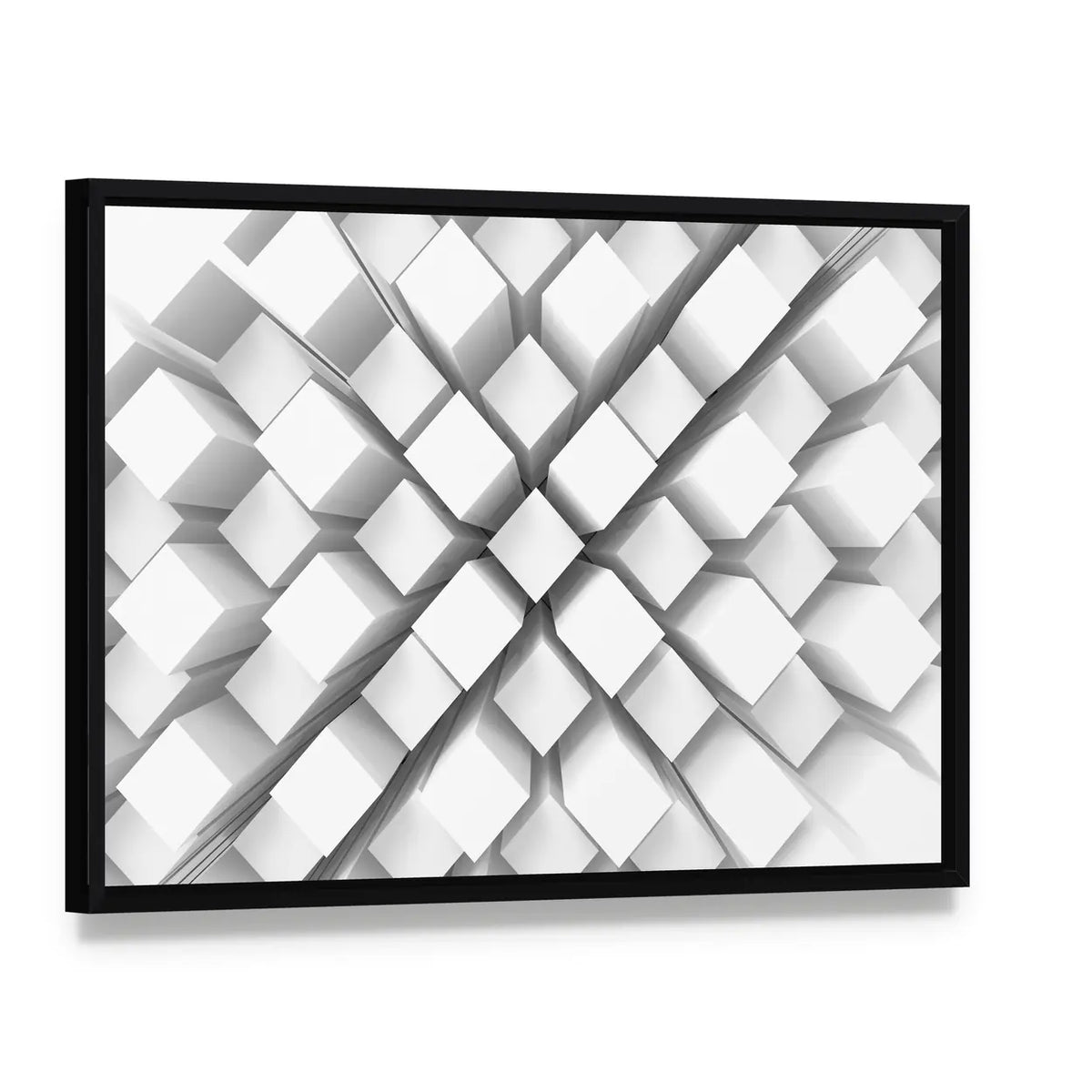 Stacked White Geometric Blocks Canvas Wall Art, framed canvas in a black floater frame, angled product view