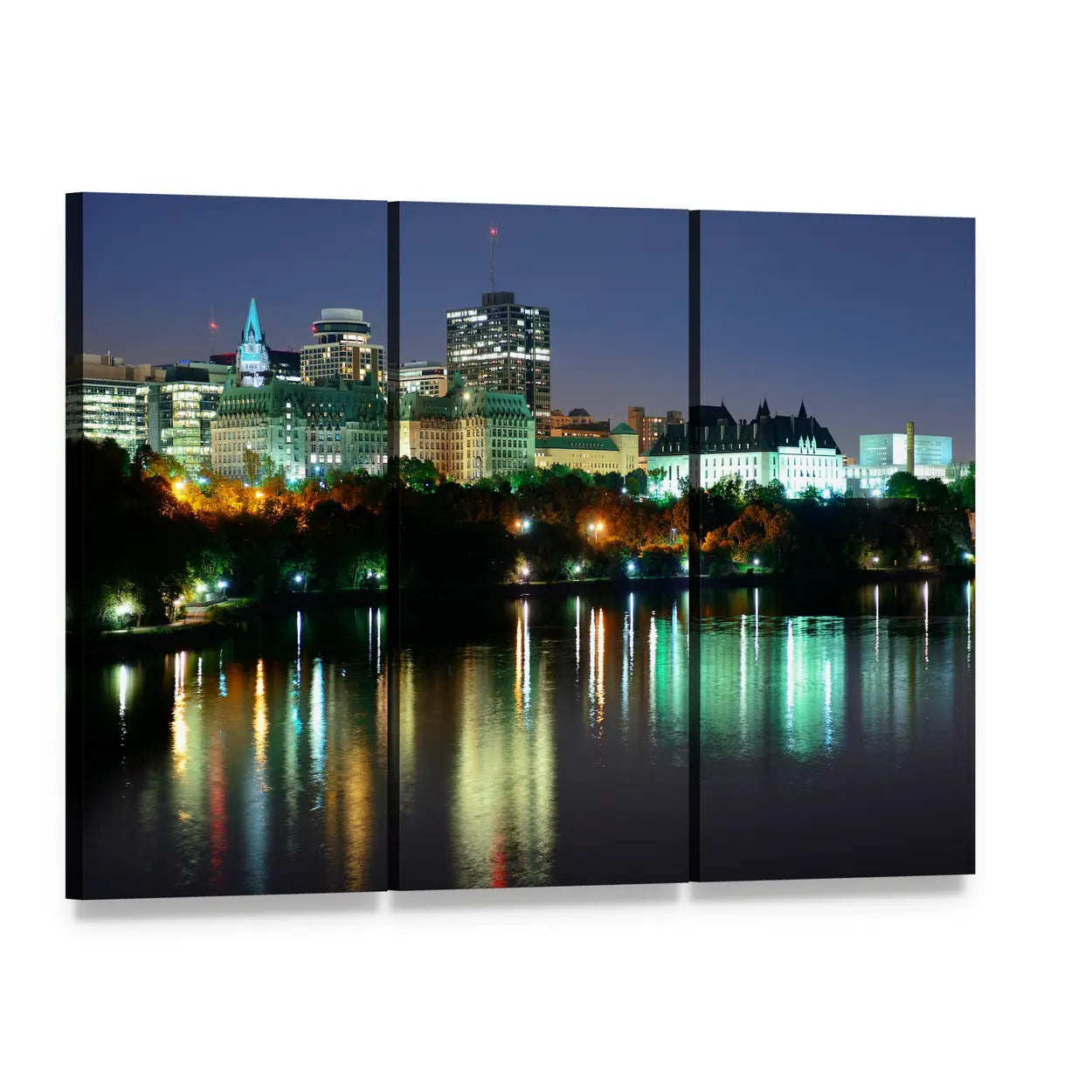 Ottawa Night Skyline Over River Canvas Wall Art, 3 panel 3 Horizontal layout gallery wrapped canvas set, angled product view